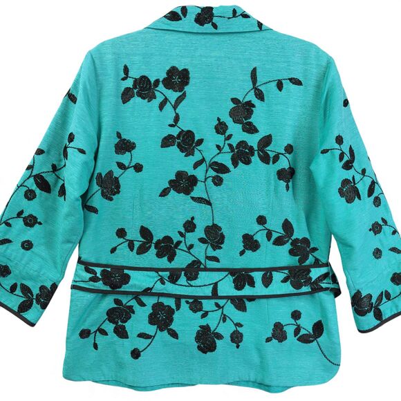 Silkland Embroidered Jacket Large Teal Green 100% Silk Floral Blazer Belted - Picture 2 of 10